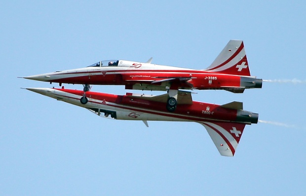 Too close for comfort? Two Northrop F-5E Tiger II airplanes of the Swiss Patrol fly close together during an aerobatic display.
