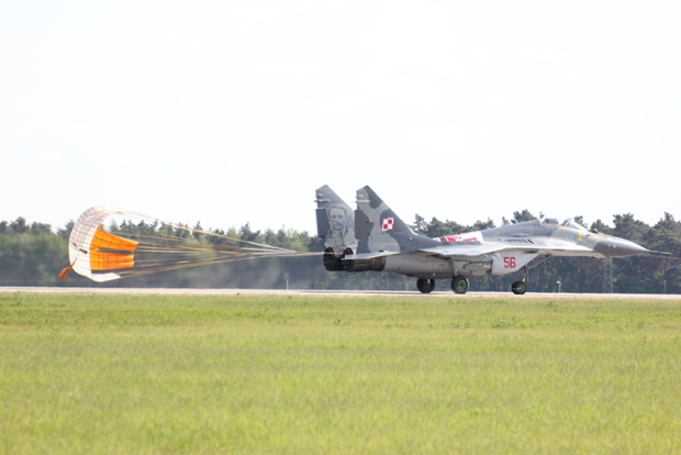 A Polish Air Force MiG-29 lands after its demonstration flight.