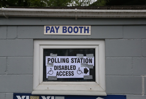 Polling station signage on display at Sandygate, home of Hallam FC in Sheffield.