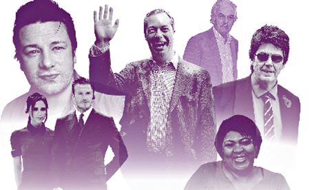 Nigel Farage with (clockwise) Jamie Oliver, Des Lynam, Mike Read, Rustie Lee and the Beckhams.