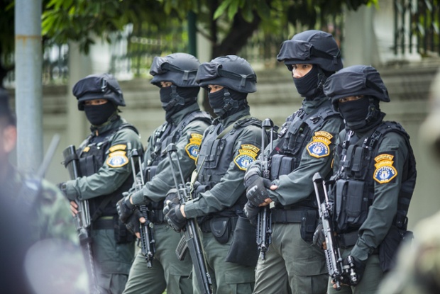 Thai commandos are seen on duty in Bangkok after the Military coup in Thailand. The Thai army military seized power in a coup Thursday evening. They suspended the constitution and ended civilian rule.
