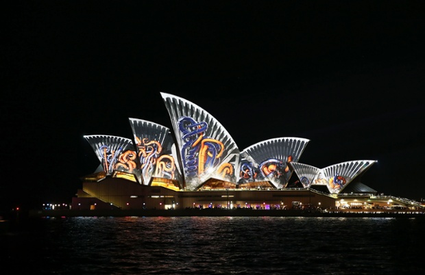 A vivid concept: Sydney Opera House lights up as part of VIVID event in Sydney, Australia. VIVID Sydney is an annual event celebrating the themes of music, light and ideas throughout the city.
