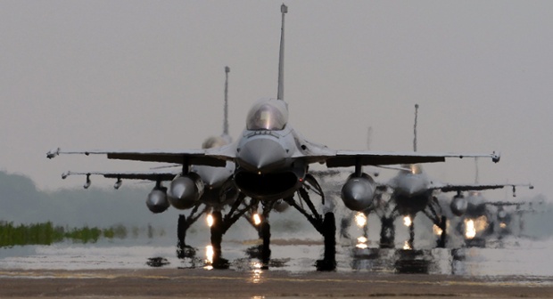 Korean KF-16 fighters during a training session at an Air Force base in Seosan City, South Chungcheong Province, South Korea. More than 60 KF-16 took part in the training.