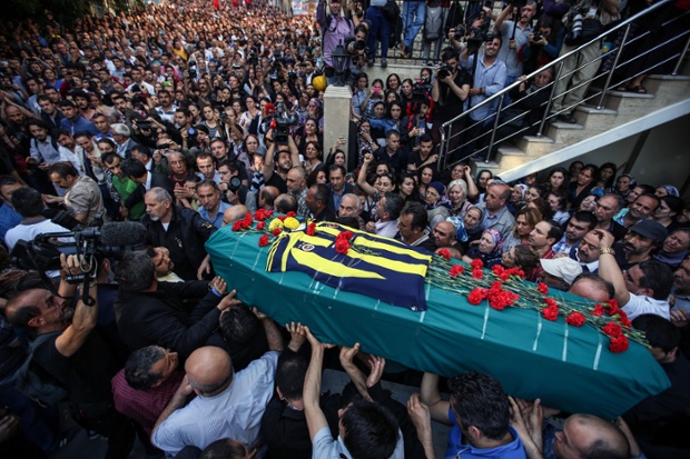 People carry the coffin of Ugur Kurt who died during clashes between protestors and riot police in Istanbul earlier in the week.