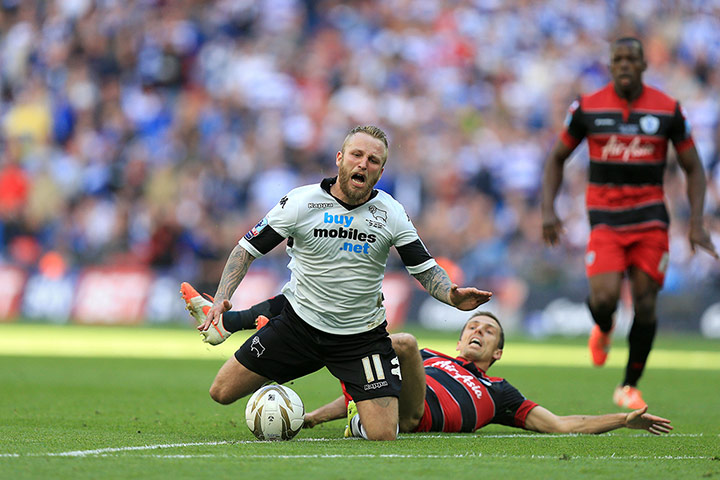 Play Off Final: Gary O'Neil of QPR fouls Derby's Johnny Russell