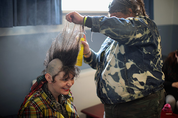 Punk festival Morecambe: A punk has her hair spiked at the Trimpell Social Club  in Morecambe