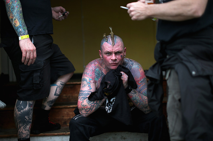 Punk festival Morecambe: Sean Innocent of the band Vile cools down after playing a gig 