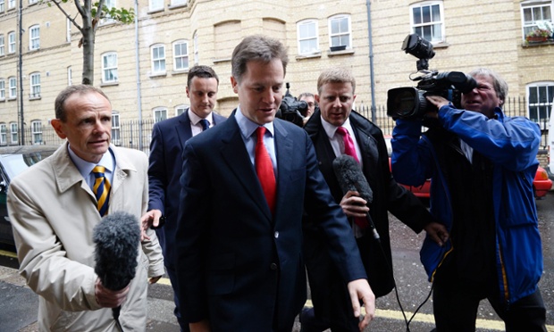 Deputy Prime Minister Nick Clegg arrives to St Andrew's Youth Club in Westminster, London. Clegg is under pressure following disappointing results in the European elections.