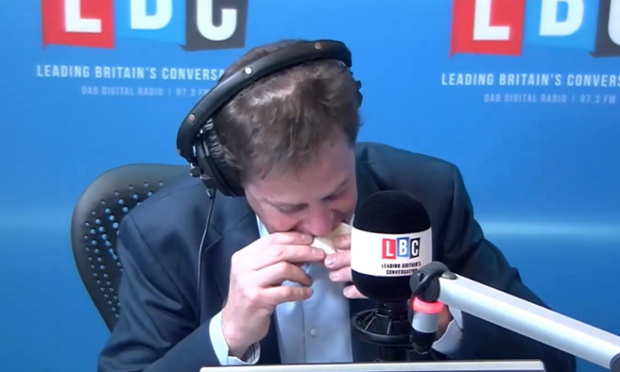 Nick Clegg eating a bacon sandwich during an on air interview on LBC Radio. Host Nick Ferrari challenged Clegg to eat the bacon butty on air after Ed Miliband's efforts led to a series of unflattering pictures. Clegg managed to eat his breakfast unscathed.