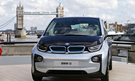 BMW's i3 electric car, seen with Tower Bridge behind.