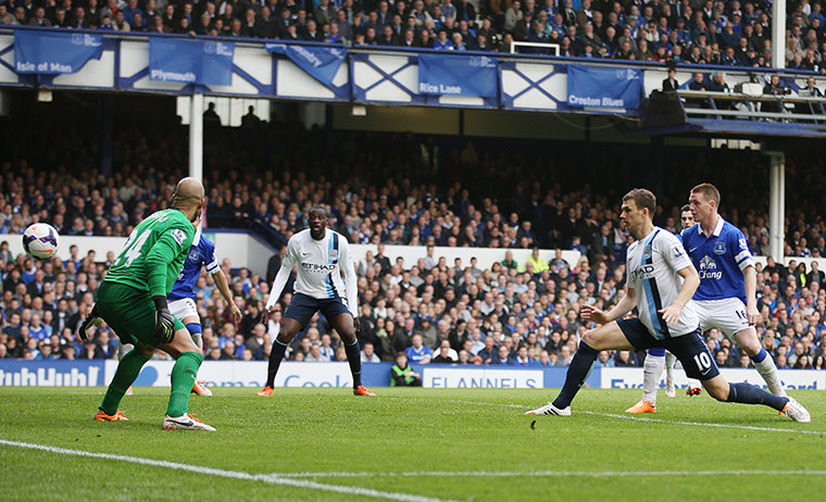 everton v city: Edin Dzeko scores the third goal for Manchester City