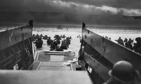 A view from inside one of the landing craft after US troops hit the water during the Allied D-Day invasion of Normandy, France.