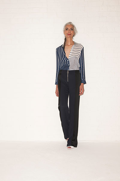 All Ages Shirts: blue white striped shirt black trousers white sandals