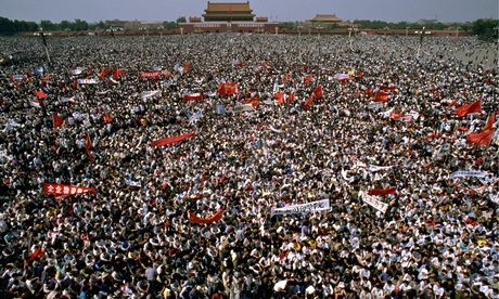 A sea of student protesters gather in Tiananmen square, 4 May 1989. 