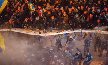 Demonstrators clash with riot police officers in Kiev during protests that led to the fall of former president  Viktor Yanukovitch.