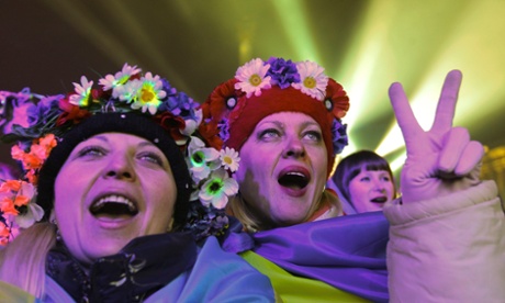 Pro-Europe Ukrainians celebrate New Year in Kiev in January 2014.