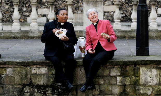 London, UK: Reverend Canon Joyce Forbes and Rev Jennifer Williamson have lunch before they march with 600 women priests to celebrate twenty years since the ordination of women priests.