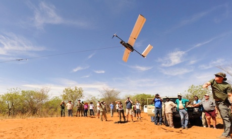 Bungee-launch of a Falcon UAV unpiloted aircraft in a demonstration in Namibia. 