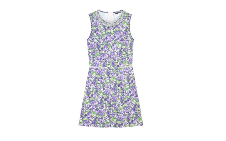 Summer party dresses: Summer party dresses - purple floral mini with jewelled neckline