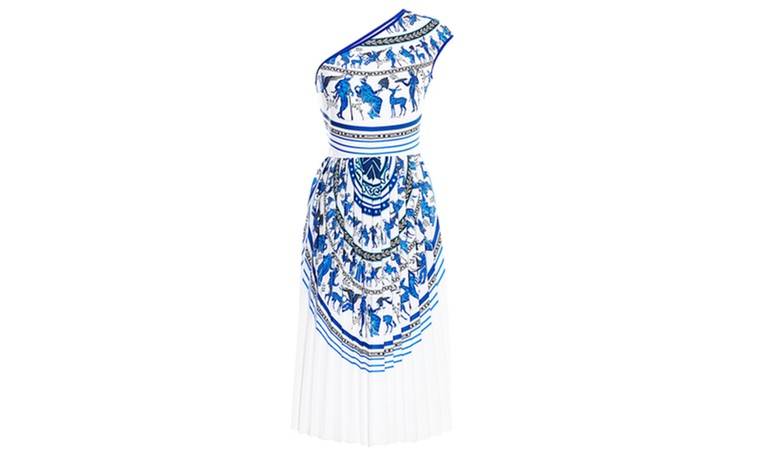 Summer party dresses: Summer party dresses - Blue and white vase print one shoulder dress