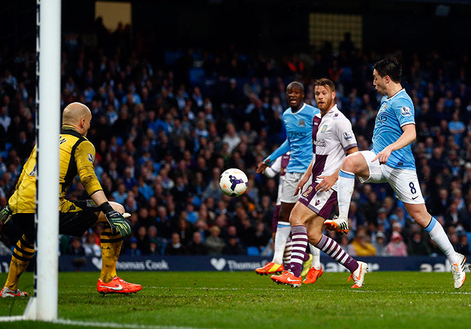 City versus villa: Manchester City's Nasri misses a shot on goal 