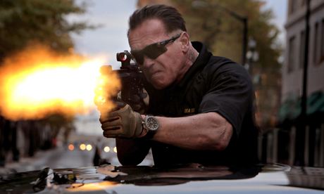 Arnie's back in action for Sabotage … but we can't tell whether he's enjoying it from his facial exp