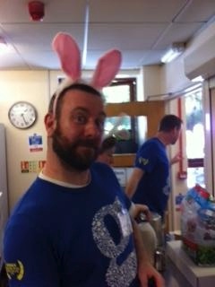 Guardian volunteer with rabbit ears on at the Great Croft Resource Centre for Guardian volunteering week 2014