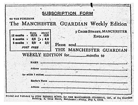 Guardian Weekly subscription form, 4 July 1919