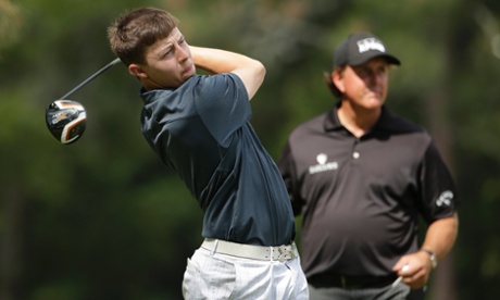 Phil Mickelson looks on as Matthew Fitzpatrick tees off.