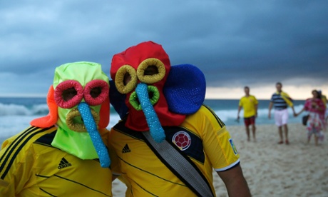 Colombian World Cup fans wear on Ipanema beach in Brazil.