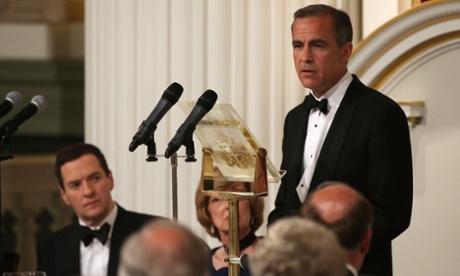 Mark Carney, Governor of the Bank of England, speaks at the 'Lord Mayor's Dinner to the Bankers and Merchants of the City of London' as Chancellor of the Exchequer, George Osborne, looks on at the Mansion House on June 12, 2014 in London, England.