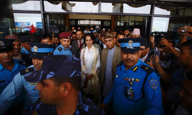 Myanmar's pro-democracy leader Aung San Suu Kyi arrives at Tribhuvan International Airport 