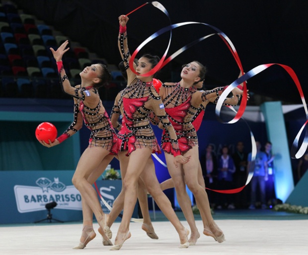 Members of the Israel team perform their Senior Group Qualification and All- Around Final programme during the 30th Rhythmic Gymnastics European Championships in Baku, Azerbaijan.
