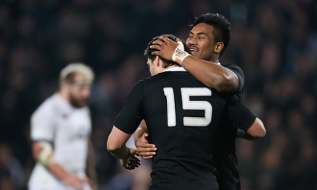 Julian Savea of the All Blacks celebrates with Ben Smith after scoring a try.