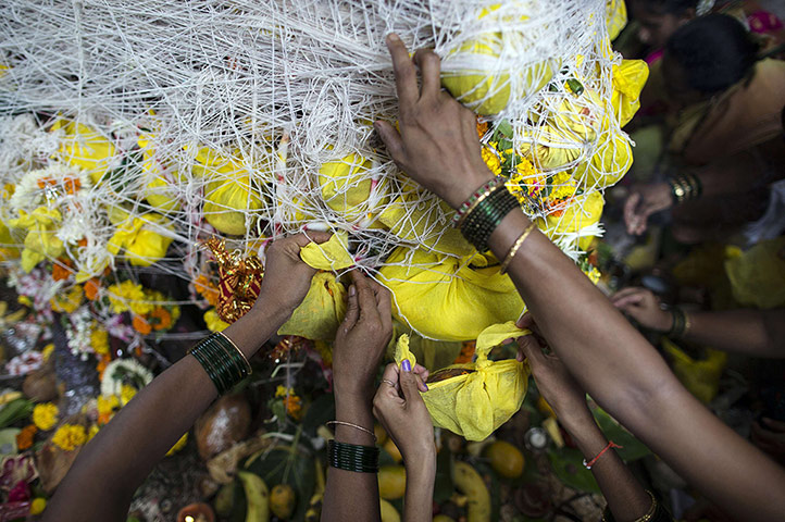 20 Photos: Married Hindu women tie coconuts at a Hindu religious festival
