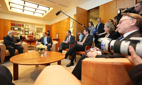 Australian Prime Minister Tony Abbott and Singapore President Tony Tan Keng Yam talk inside the Prime Ministers office at Parliament House on June 17, 2014 in Canberra, Australia. President Tony Tan Ken Yam is on a six-day visit to Australia, his first visit as Singapore's head of state.