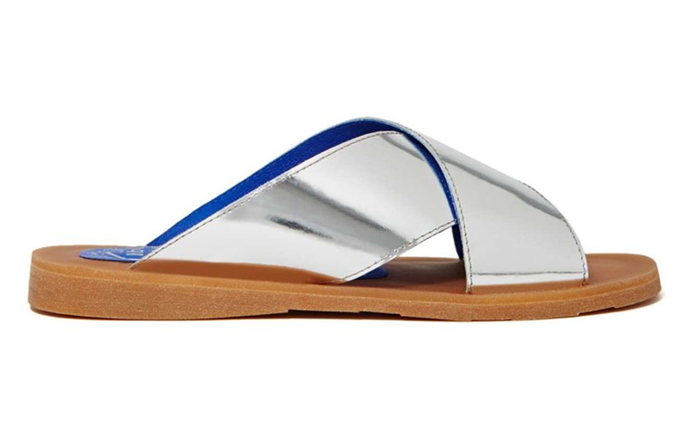 Silver sandals: Silver sandals - cross strap slip ons with wood sole by Jeffrey Campbell