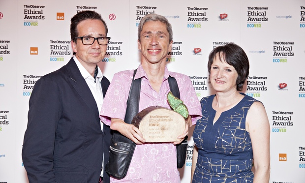 Mat Fraser with his trophy for the Arts and Culture award, Observer Ethical Awards 2014