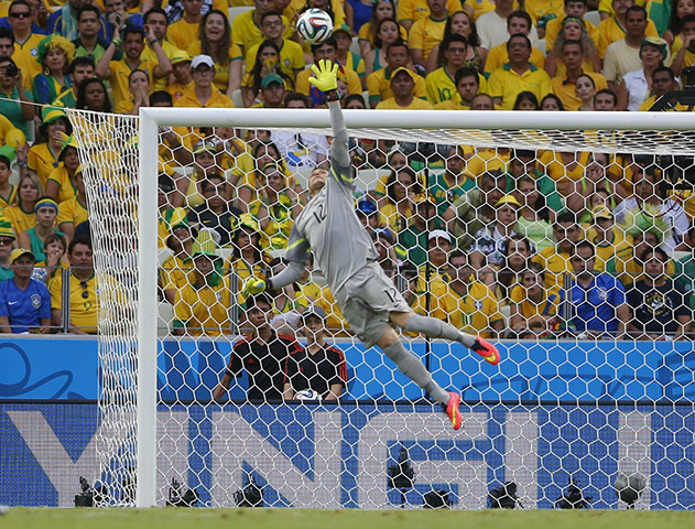 Brazil game: Brazil's goalkeeper Cesar dives for the bal