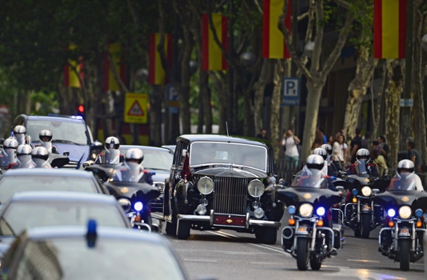 The Spanish Royal Family ride in a Rolls Royce on the way from the Zarzuela Palace to the Congress of Deputies for a swearing in ceremony before both houses of parliament.