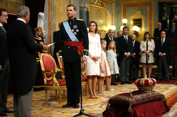 Spain's new King Felipe VI, his wife Queen Letizia, Princess Sofia and Princess Leonor attend the swearing-in ceremony at the Congress of Deputies in Madrid.