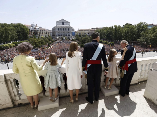 Dona Sofia, Princess Leonor of Asturias, King Felipe VI of Spain, Princess Sofia, Queen Letizia and Don Juan Carlos appear on the balcony of the Royal Palace in Madrid.