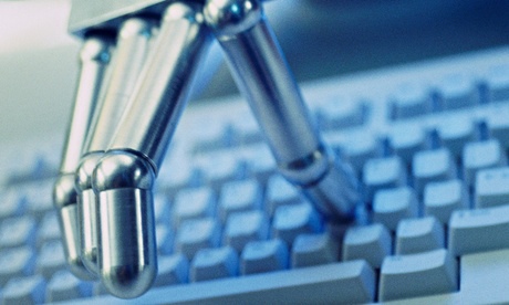 robot hand typing keyboard