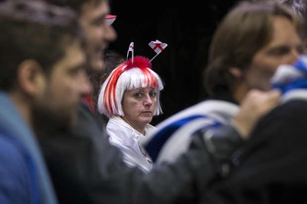 Now she is an England fan leaving the Arena de Sao Paulo stadium after Uruaguay's 2-1 victory last night.