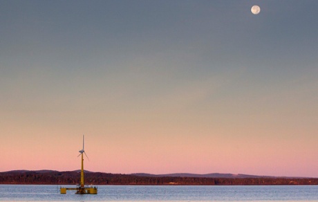 In this Friday, Sept. 20, 2013 photo, the University of Maine's 9,000-pound prototype wind turbine generates power off the coast of Castine, Maine. It is the country's first floating wind turbine. Records show Gov. Paul LePage s administration was working behind the scenes to derail Norwegian company Statoil s proposal for an offshore wind project that s projected to bring hundreds of millions of dollars in investments to the state.