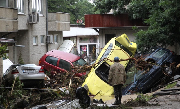 Cars piled up after heavy rain caused flooding in Bulgaria's Black Sea city of Varna.