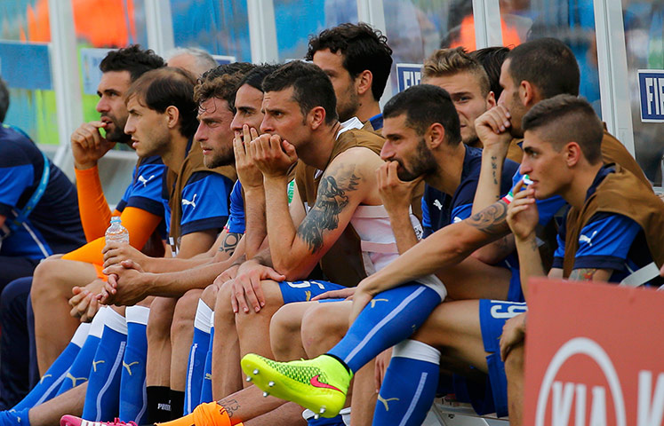 Italy v Costa Rica: Italy's national soccer players are seen on the bench.