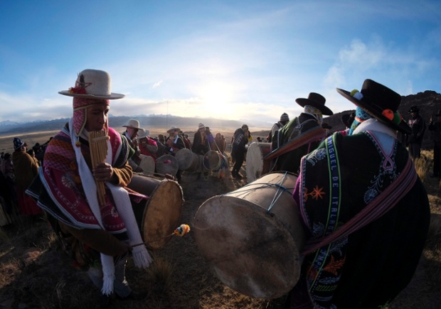 Indigenous Aymara musicians perform during the Wilkakuti festival (Return of the Sun), which marks the new year 5522 according to the Aymara calendar in Bolivia