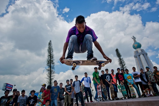 A skateboarder in action in San Salvador during International Go Skateboarding Day