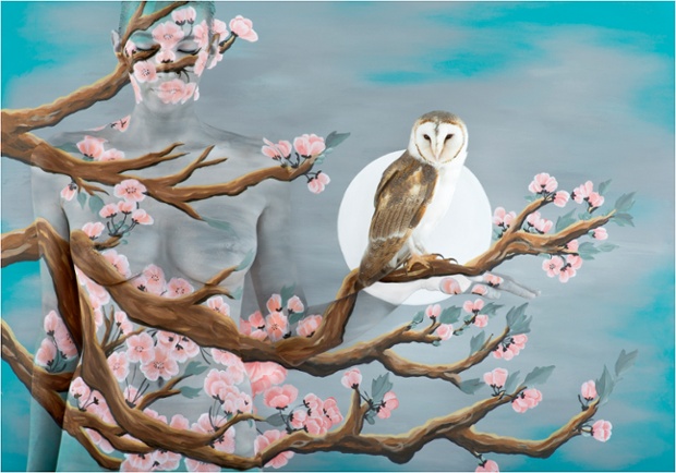 Peach Blossom with owl from Emma Hack's 'Birds of a Feather' collection